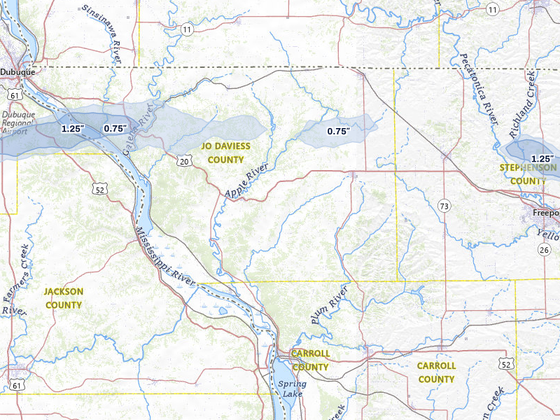 NEXRAD radar-signature map of the hail storm over Elizabeth, IL on Jul 2, 2026