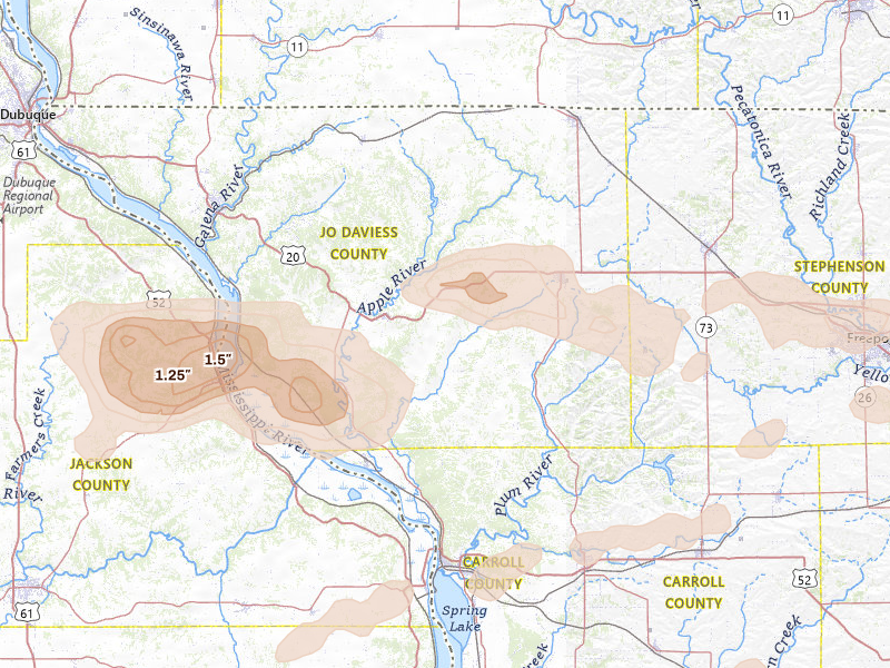 Radar-estimated hail-size map of the storm over Elizabeth, IL on Jul 3, 2026