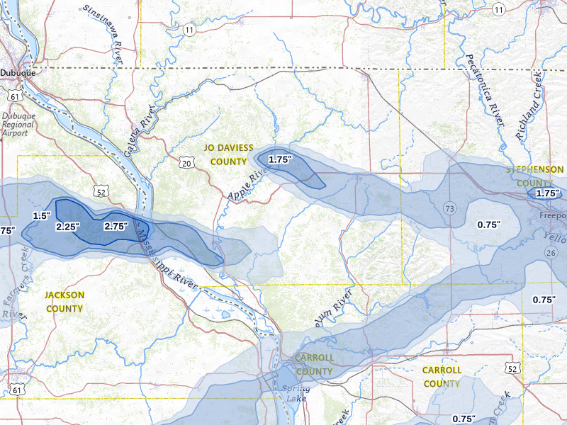 NEXRAD radar-signature map of the hail storm over Elizabeth, IL on Jul 3, 2026