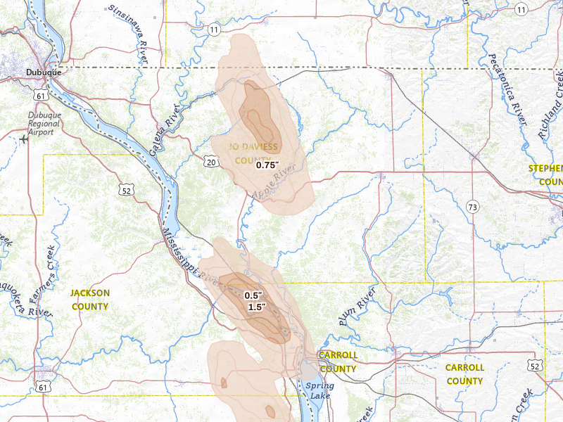 Radar-estimated hail-size map of the storm over Elizabeth, IL on Aug 21, 2026