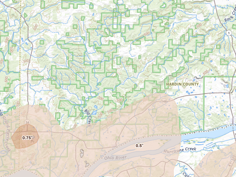 Radar-estimated hail-size map of the storm over Elizabethtown, IL on Mar 4, 2026