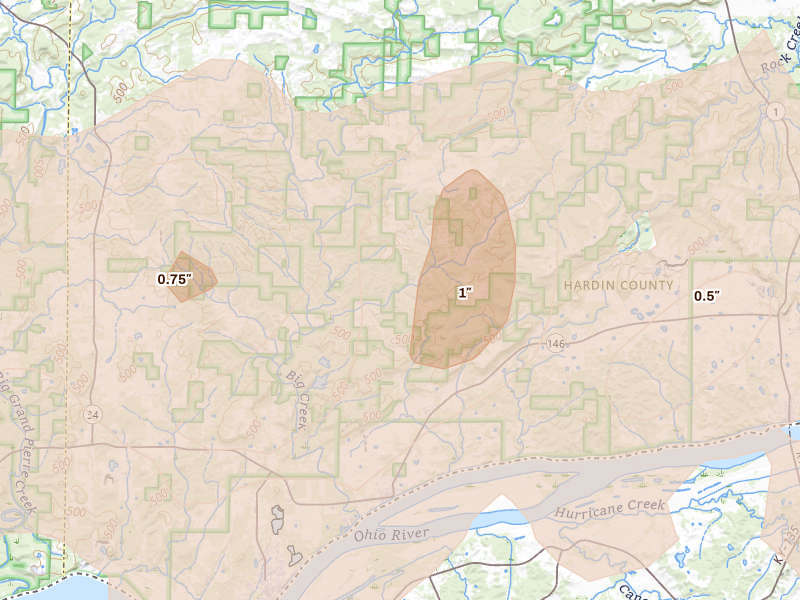 Radar-estimated hail-size map of the storm over Elizabethtown, IL on Apr 27, 2026