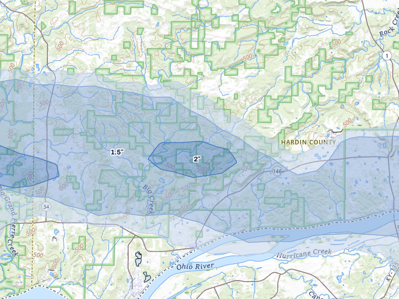 NEXRAD radar-signature map of the hail over Elizabethtown, IL