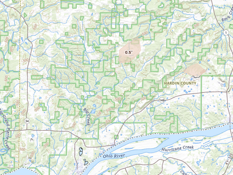 Radar-estimated hail-size map of the storm over Elizabethtown, IL on Aug 16, 2026