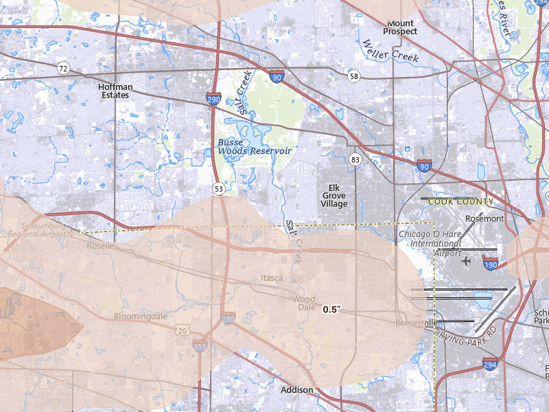 Radar-estimated hail-size map of the storm over Elk Grove Village, IL