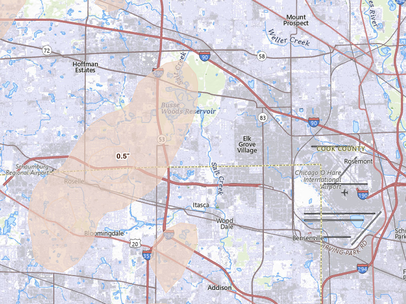 Radar-estimated hail-size map of the storm over Elk Grove Village, IL on Jul 3, 2026