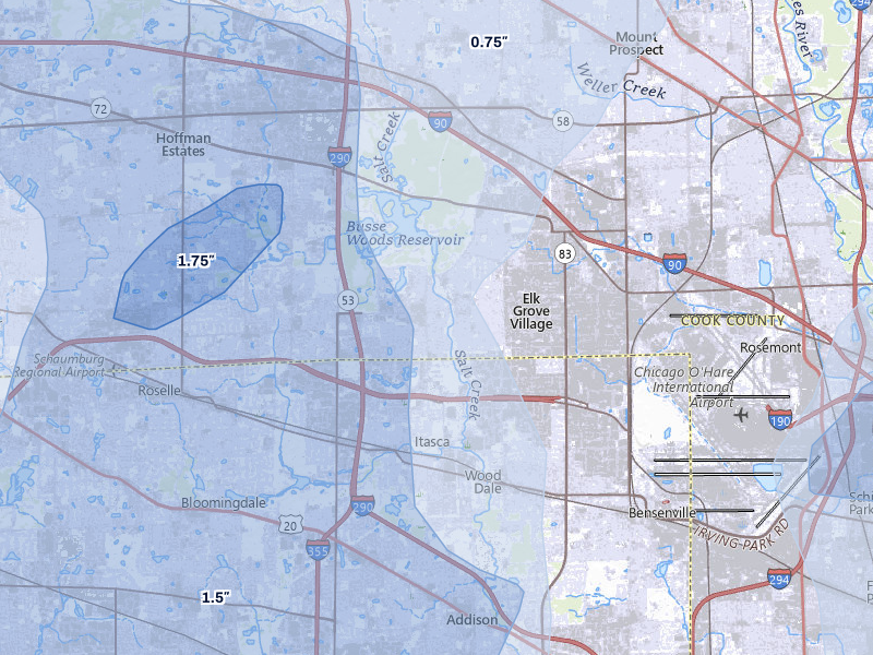 NEXRAD radar-signature map of the hail storm over Elk Grove Village, IL on Jul 3, 2026