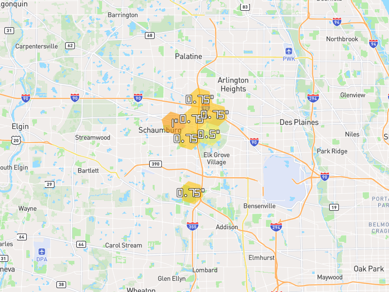 Hail map of Elk Grove Village, IL on Jul 3, 2026, hail up to 1"
