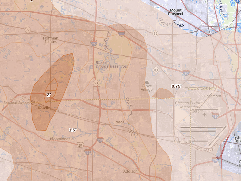 Radar-estimated hail-size map of the storm over Elk Grove Village, IL on Jul 27, 2026