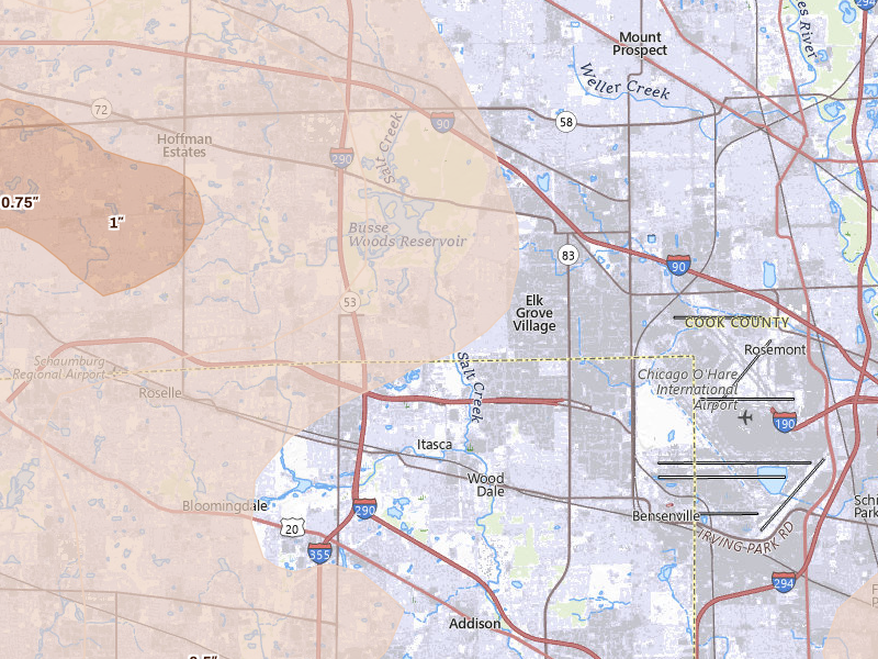 Radar-estimated hail-size map of the storm over Elk Grove Village, IL on Aug 9, 2026