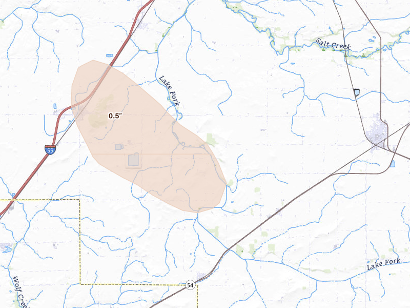 Radar-estimated hail-size map of the storm over Elkhart, IL on Aug 21, 2026