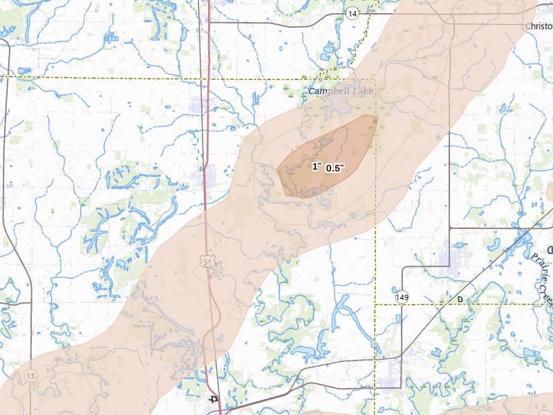 Radar-estimated hail-size map of the storm over Elkville, IL on Apr 27, 2026