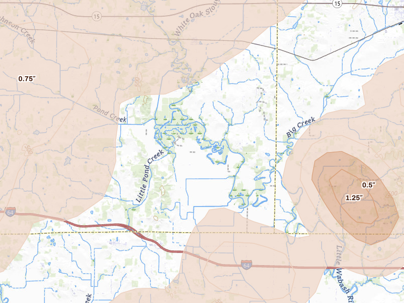 Radar-estimated hail-size map of the storm over Ellery, IL on Apr 27, 2026