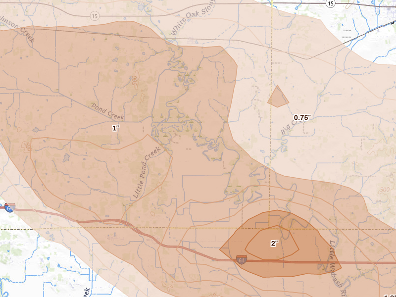Radar-estimated hail-size map of the storm over Ellery, IL on May 16, 2026