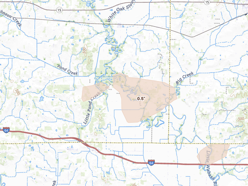Radar-estimated hail-size map of the storm over Ellery, IL on Jul 4, 2026