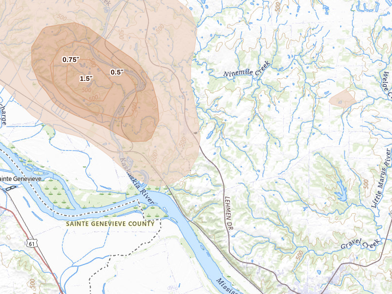 Radar-estimated hail-size map of the storm over Ellis Grove, IL on May 31, 2026