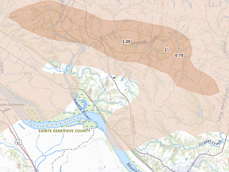 Radar-estimated hail-size map of the storm over Ellis Grove, IL on Jul 10, 2026