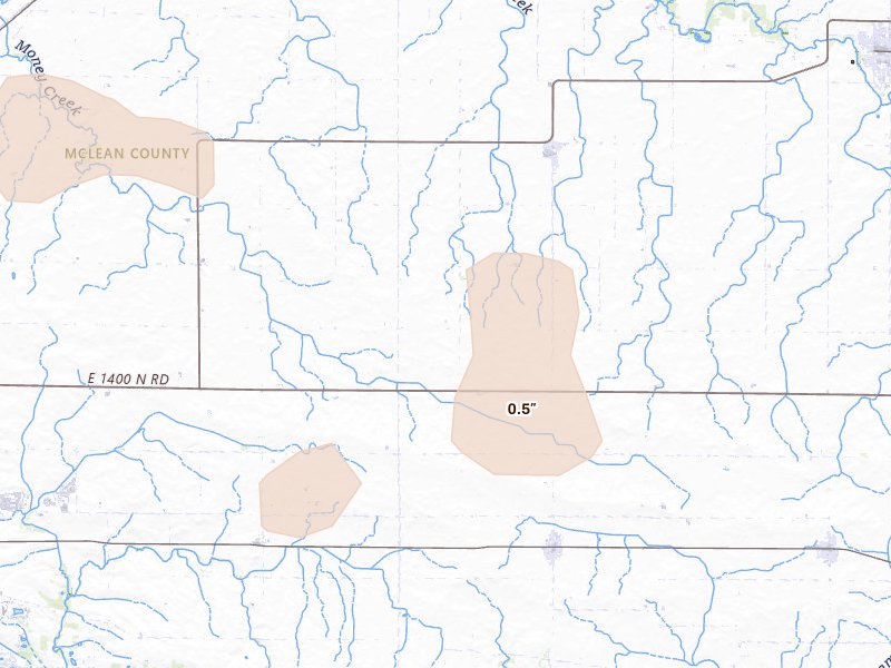 Radar-estimated hail-size map of the storm over Ellsworth, IL on Aug 13, 2026