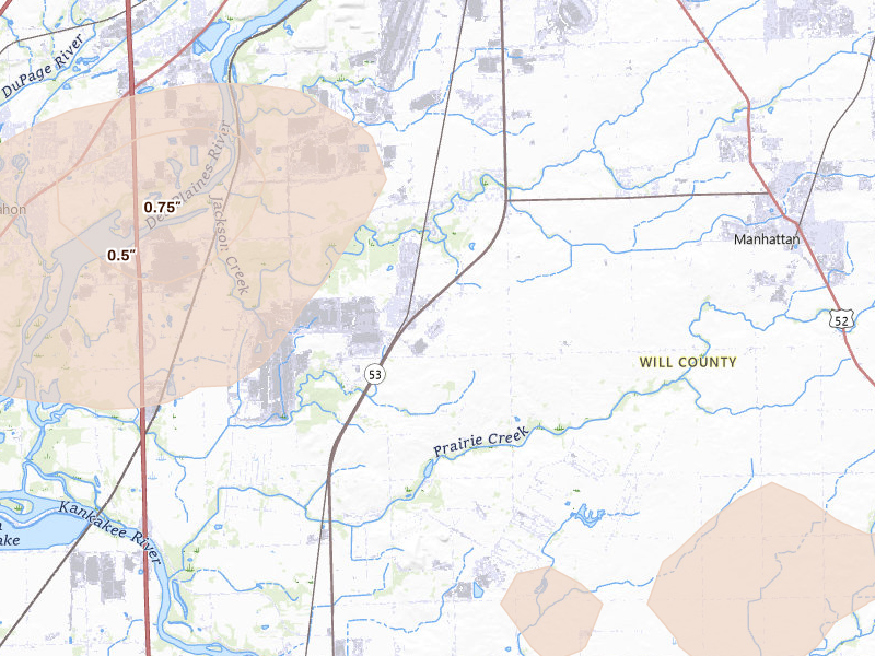 Radar-estimated hail-size map of the storm over Elwood, IL on May 4, 2026