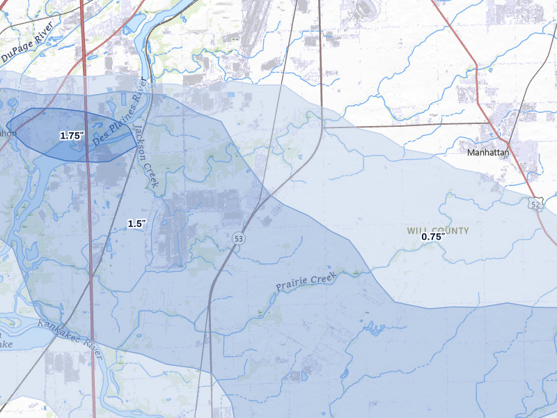 NEXRAD radar-signature map of the hail storm over Elwood, IL on May 4, 2026