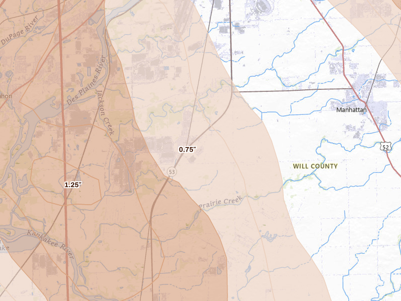 Radar-estimated hail-size map of the storm over Elwood, IL on Jul 27, 2026