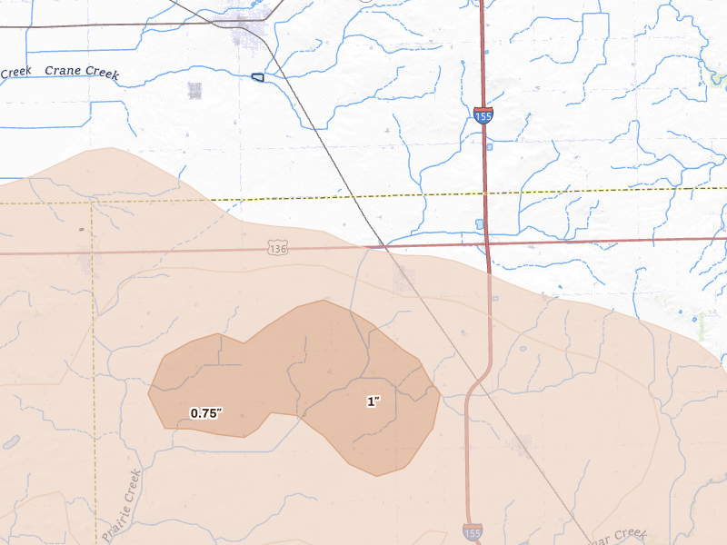 Radar-estimated hail-size map of the storm over Emden, IL on May 4, 2026