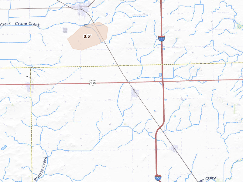 Radar-estimated hail-size map of the storm over Emden, IL on Jul 3, 2026