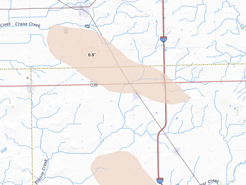 Radar-estimated hail-size map of the storm over Emden, IL on Aug 21, 2026