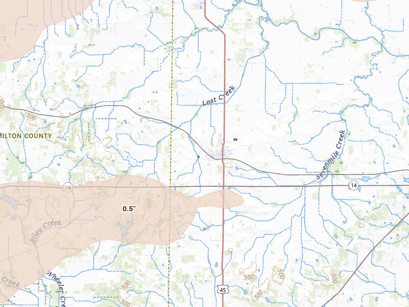 Radar-estimated hail-size map of the storm over Enfield, IL on Apr 27, 2026