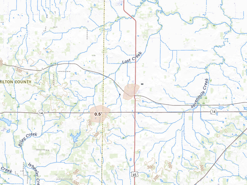 Radar-estimated hail-size map of the storm over Enfield, IL on Jul 4, 2026