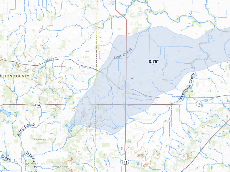 NEXRAD radar-signature map of the hail storm over Enfield, IL on Jul 4, 2026