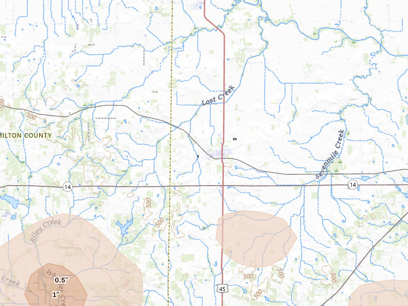 Radar-estimated hail-size map of the storm over Enfield, IL on Jul 5, 2026