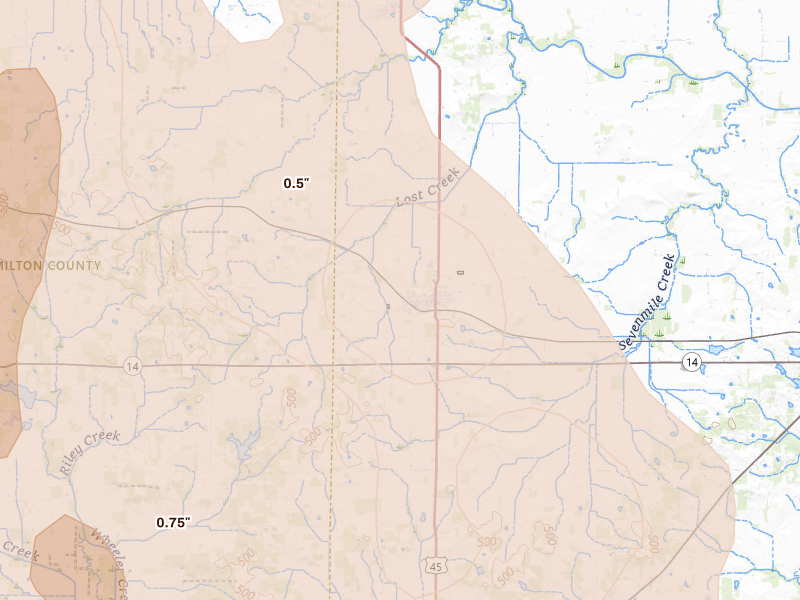 Radar-estimated hail-size map of the storm over Enfield, IL on Jul 26, 2026
