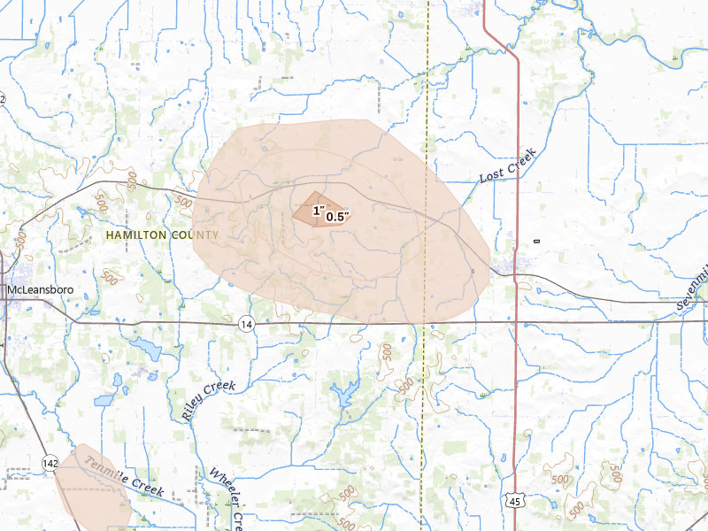 Radar-estimated hail-size map of the storm over Enfield, IL on Aug 12, 2026