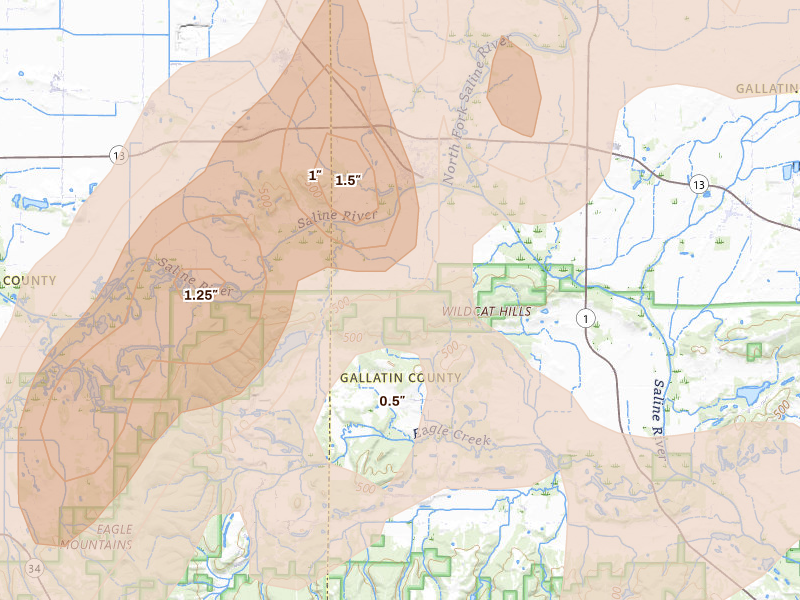 Radar-estimated hail-size map of the storm over Equality, IL on Apr 27, 2026