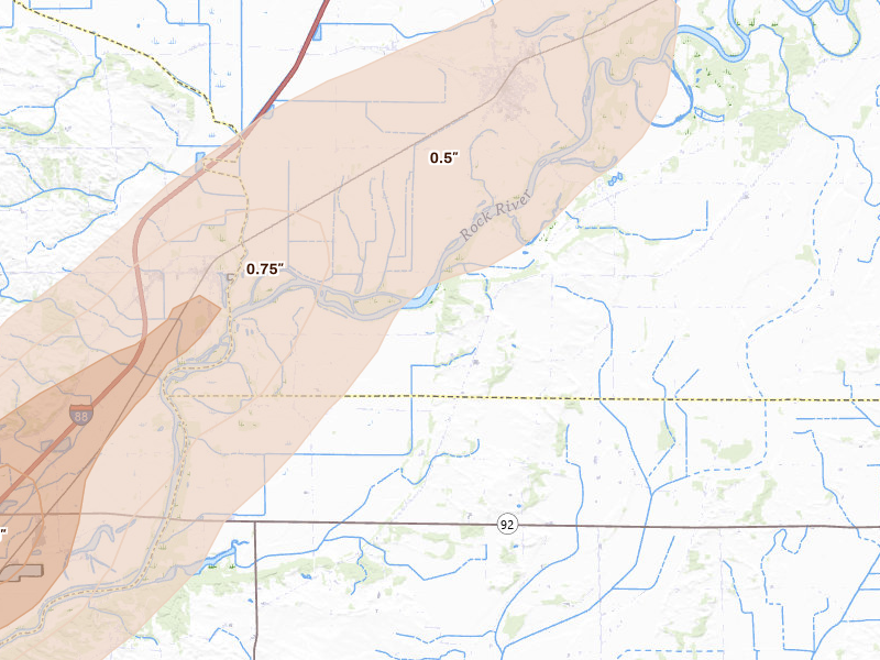 Radar-estimated hail-size map of the storm over Erie, IL on Apr 2, 2026