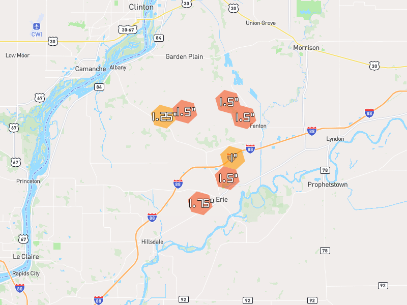 Hail map of Erie, IL on Jul 4, 2026, hail up to 1.75"