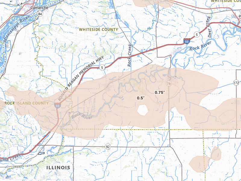 Radar-estimated hail-size map of the storm over Erie, IL on Aug 11, 2026
