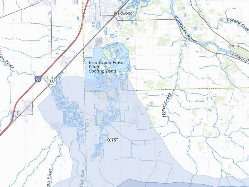 NEXRAD radar-signature map of the hail over Essex, IL