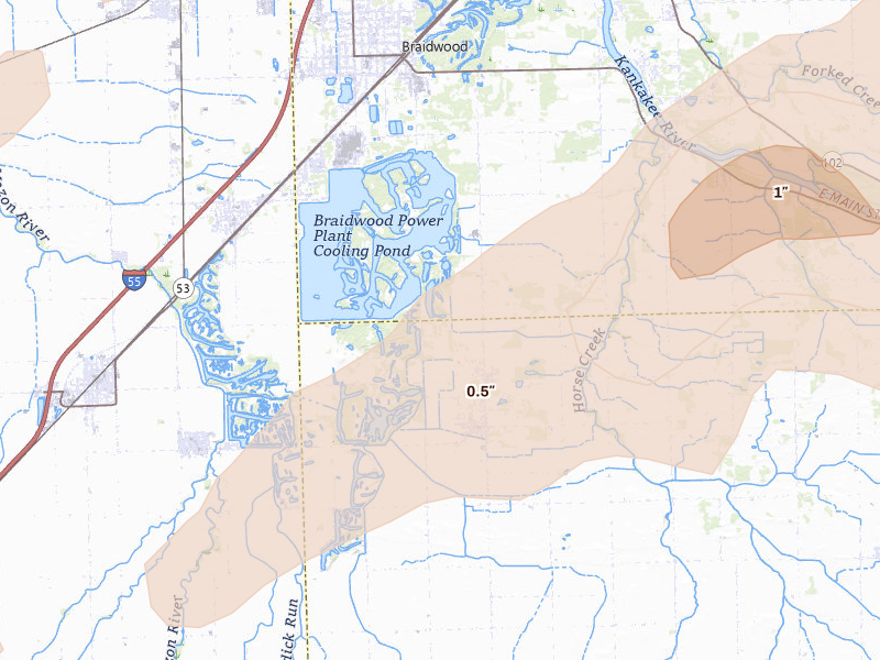 Radar-estimated hail-size map of the storm over Essex, IL on Jun 11, 2026