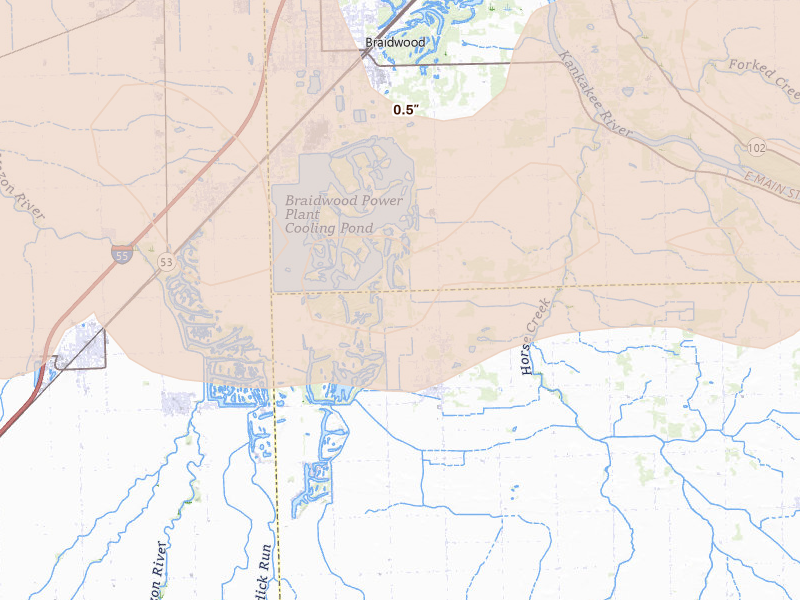 Radar-estimated hail-size map of the storm over Essex, IL on Aug 11, 2026
