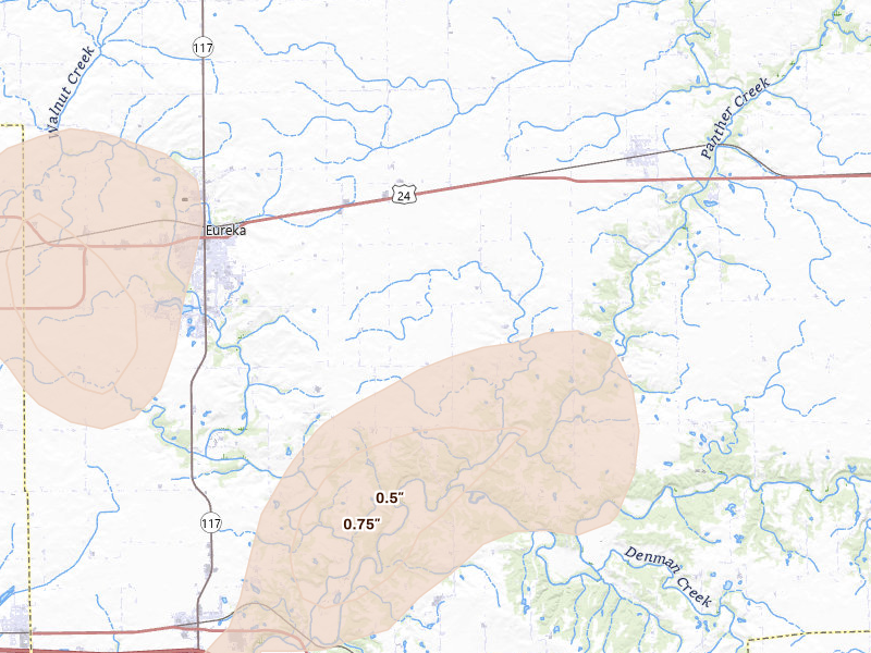 Radar-estimated hail-size map of the storm over Eureka, IL on Jul 4, 2026