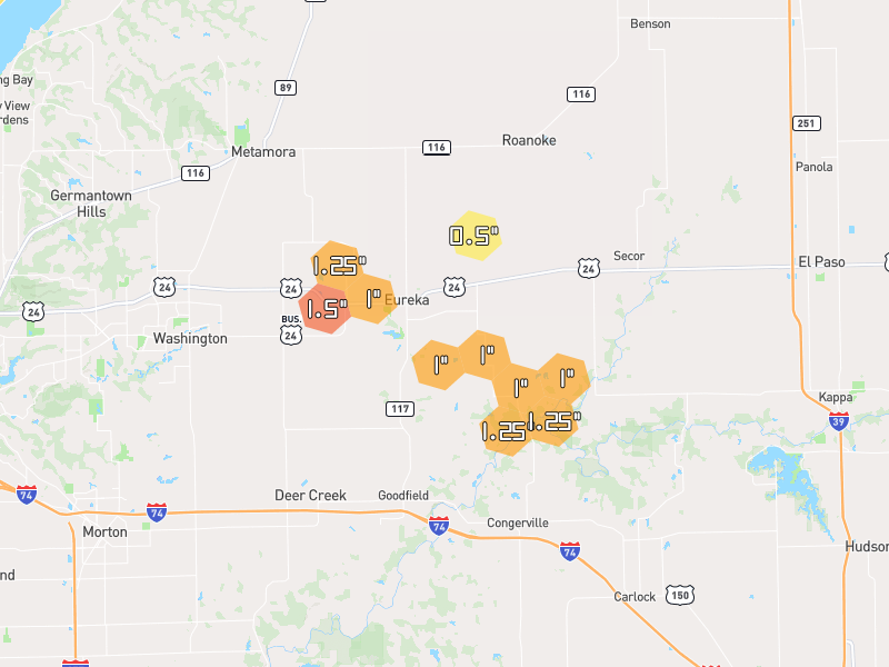Hail map of Eureka, IL on Jul 4, 2026, hail up to 1.5"