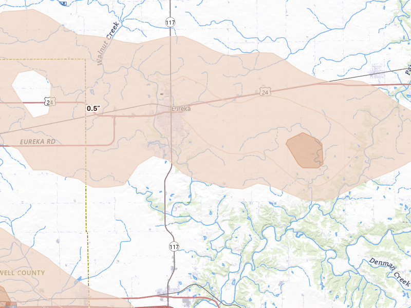 Radar-estimated hail-size map of the storm over Eureka, IL on Aug 13, 2026
