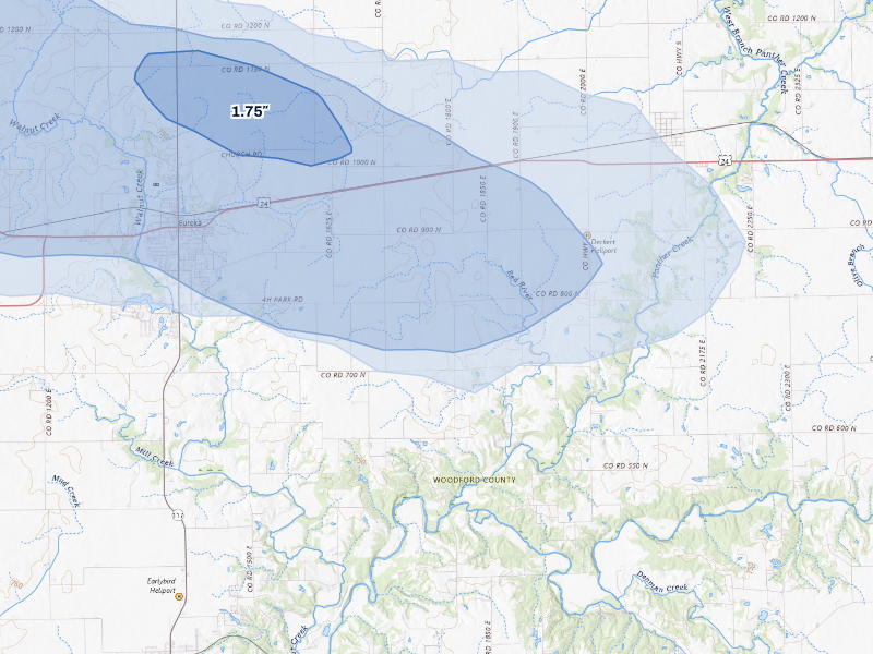 NEXRAD radar-signature map of the hail storm over Eureka, IL on Aug 13, 2026