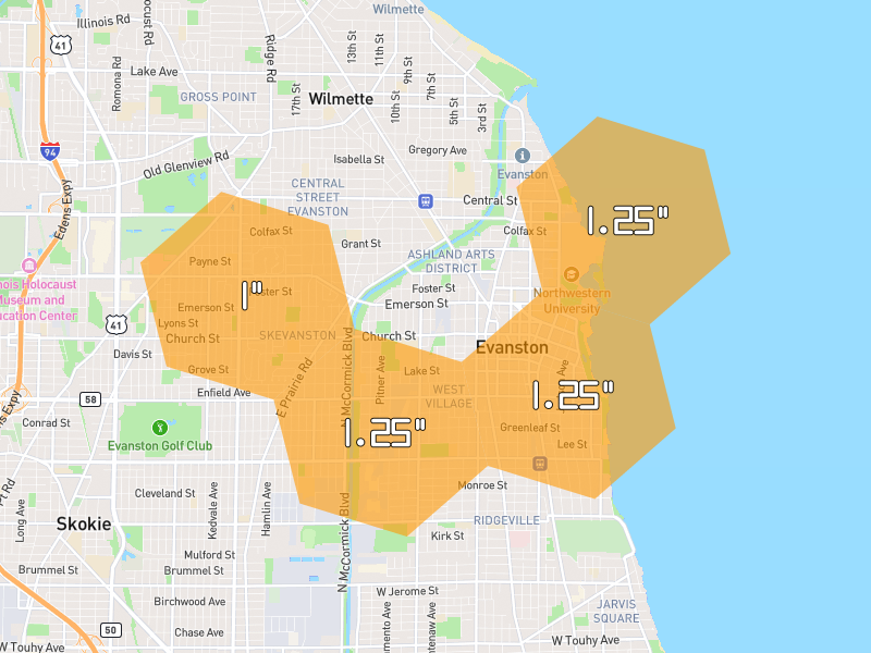 Hail map of Evanston, IL on Jul 3, 2026, hail up to 1.25"