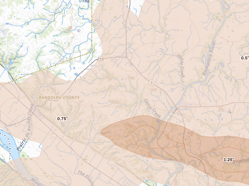 Radar-estimated hail-size map of the storm over Evansville, IL on Jul 10, 2026