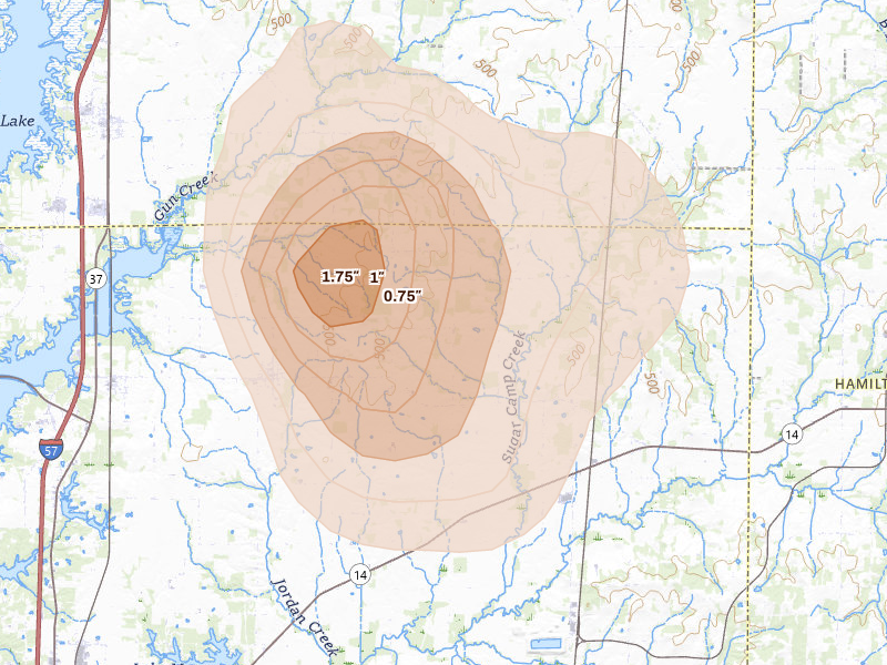 Radar-estimated hail-size map of the storm over Ewing, IL on Aug 12, 2026