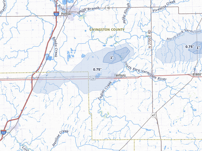 NEXRAD radar-signature map of the hail over Fairbury, IL