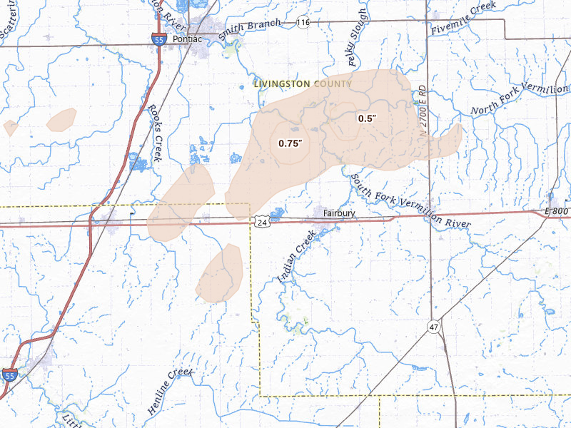Radar-estimated hail-size map of the storm over Fairbury, IL on May 4, 2026